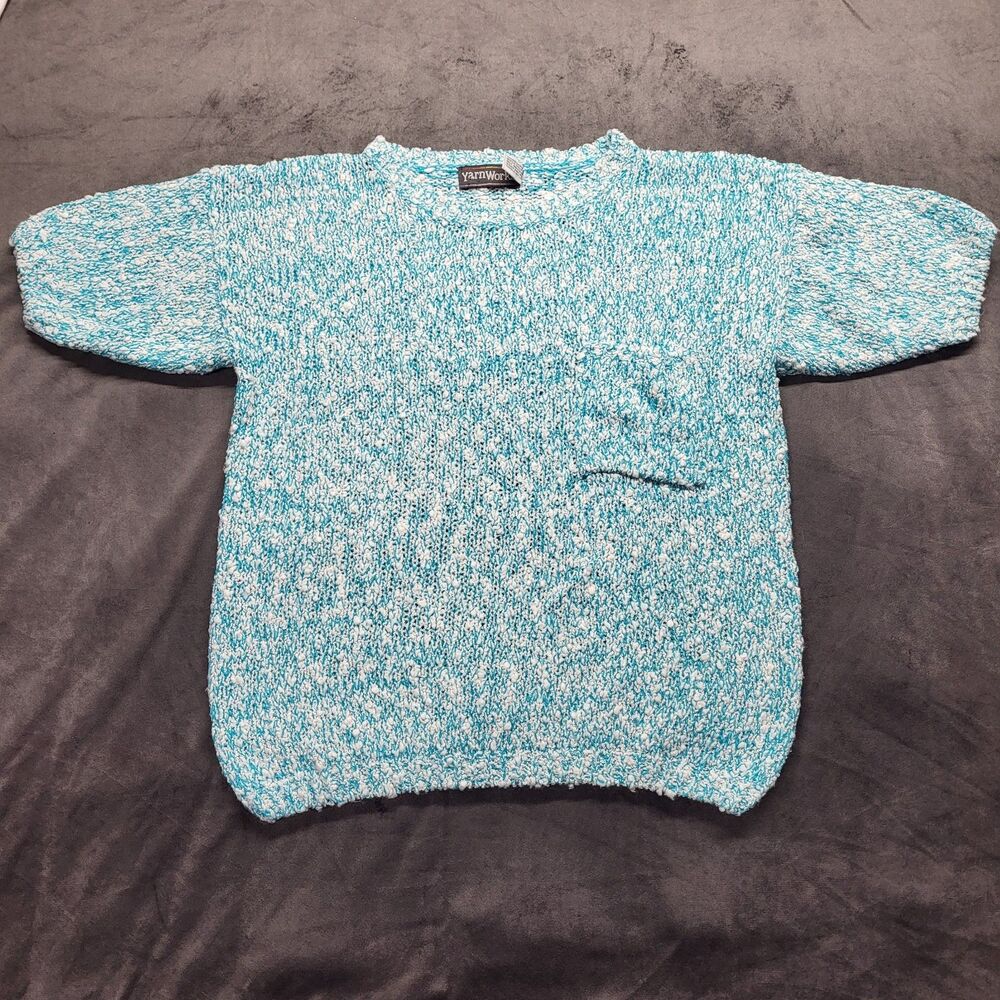 Vintage Yarn Works Chunky Knit Crew Neck Short Sleeve Sweater Nubby Blue MED